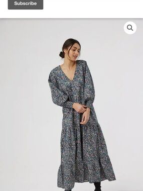 Kinney 100% Cotton Blue Green Floral Tierd Maxi Dress - Size L